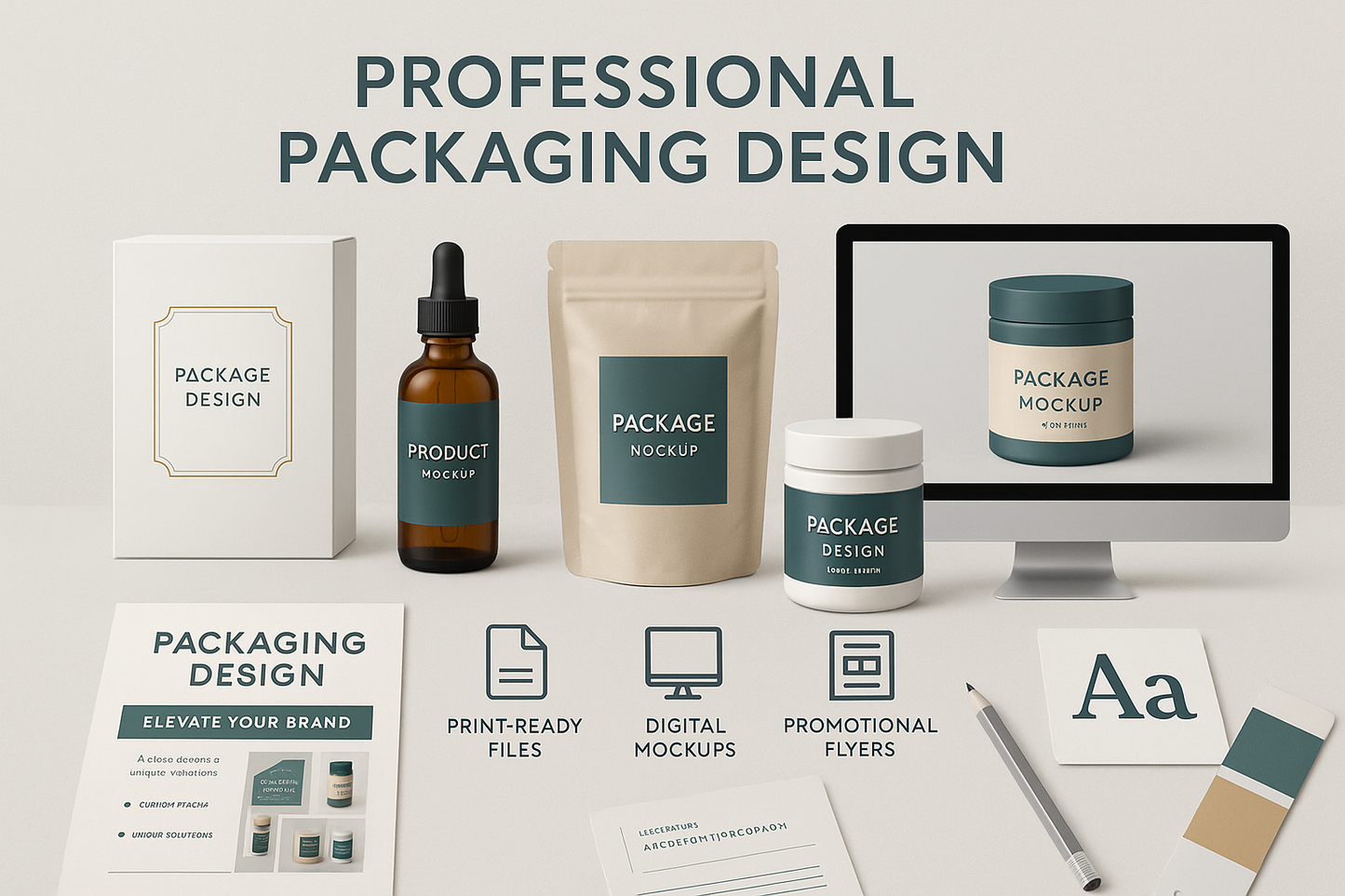 create an image to represent this service for a full packaging design. Use these as the inspo. Custom designs for up to 6 products (boxes, labels, bottles, pouches, etc.) Print-ready files tailored to your packaging specs (dimensions required) Digital mockups for all designs, 2 Promo Flyers