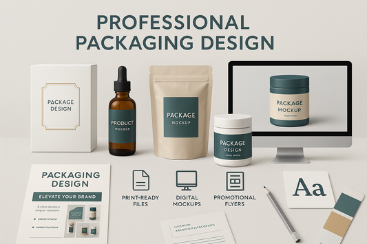 create an image to represent this service for a full packaging design. Use these as the inspo. Custom designs for up to 6 products (boxes, labels, bottles, pouches, etc.) Print-ready files tailored to your packaging specs (dimensions required) Digital mockups for all designs, 2 Promo Flyers