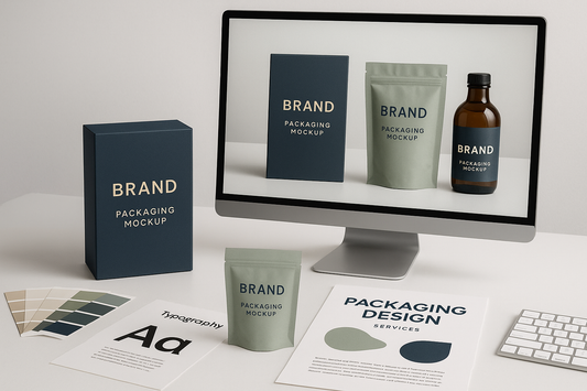 create an image to represent this service for packaging design. Use these as the inspo. Custom design for 1 product (box, pouch, bottle, label, etc.)
1 Promo flyer Print-ready file 1 Digital mockup for preview