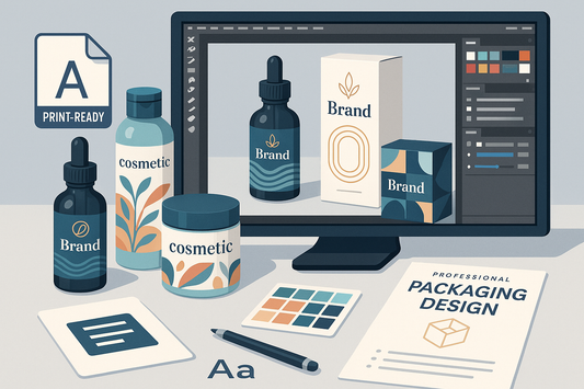 create an image to represent this service for packaging design. Use these as the inspo. Custom designs for up to 3 products, Print-ready files for each product’s size & shape, Digital mockups for all designs, 1 Promo flyer